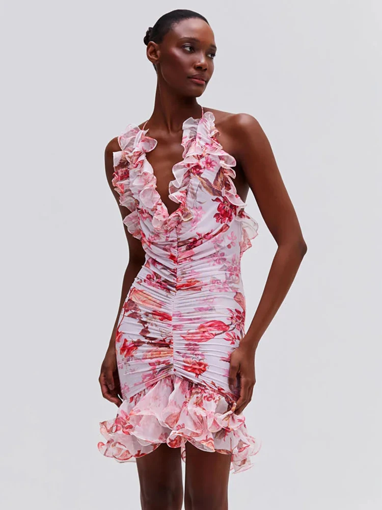 VC 로맨틱 새틴 민소매 선드레스 미니 드레스, 로즈 숄더 장식, 섹시한 오픈 백 디자인, 홀터넥 숏 드레스