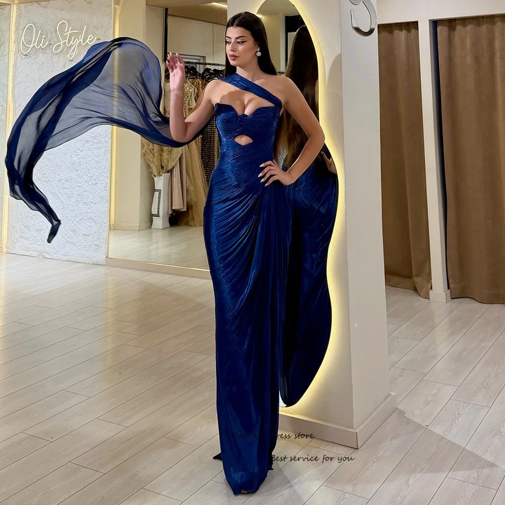 Shiny Pleated Chiffon Evening Dresses Bodycon Mermaid Sexy Prom Dress With Shawl Royal Blue Formal Party Gowns Customized