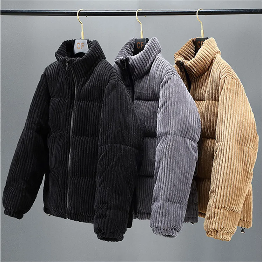 2026 New Men\'s Corduroy Parkas Thick Warm Cotton Padded Jackets Casual Stand Collar Solid Zipper Coats Man Winter Warm Outerwear