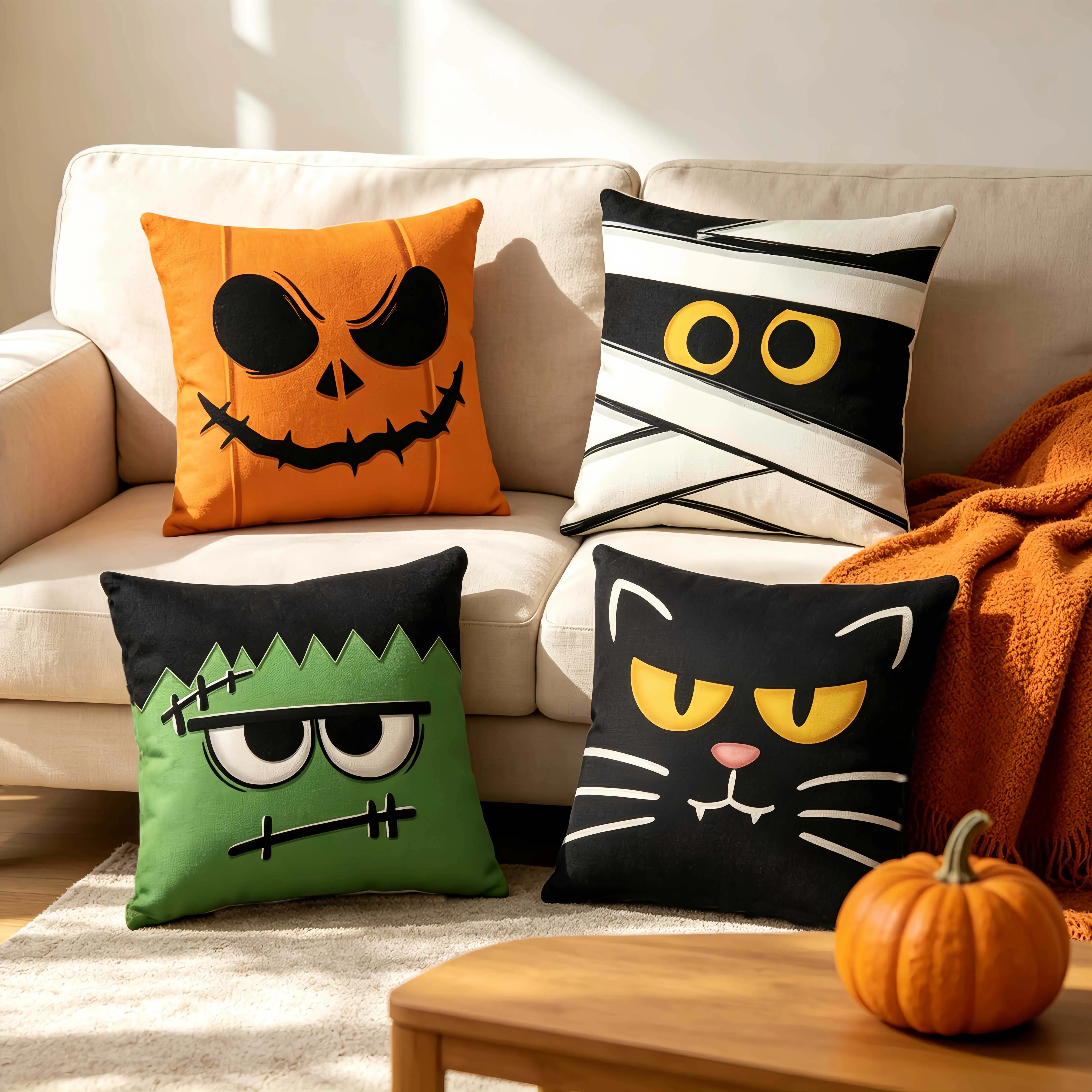 Halloween Throw Pillow Cover Fun Pumpkin Pattern Pillowcase For Sofa Bed Living Room Perfect Halloween Gift For Friends Family