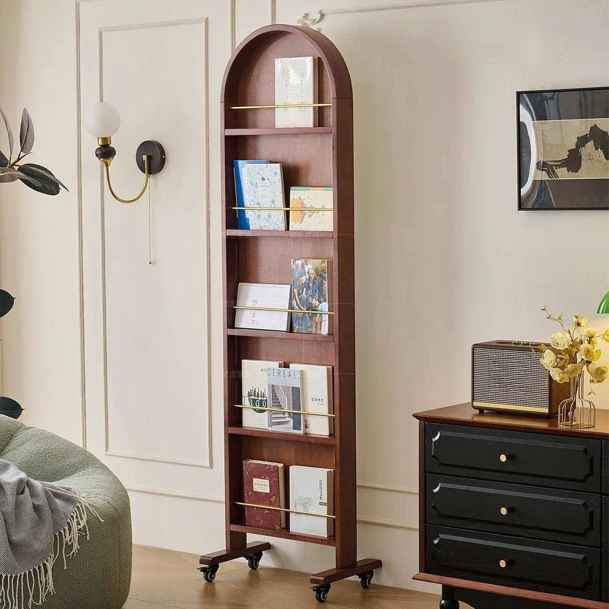 Floor-to-ceiling, movable dressing mirror, magazine rack, full-body mirror integrated, rotating bookshelf