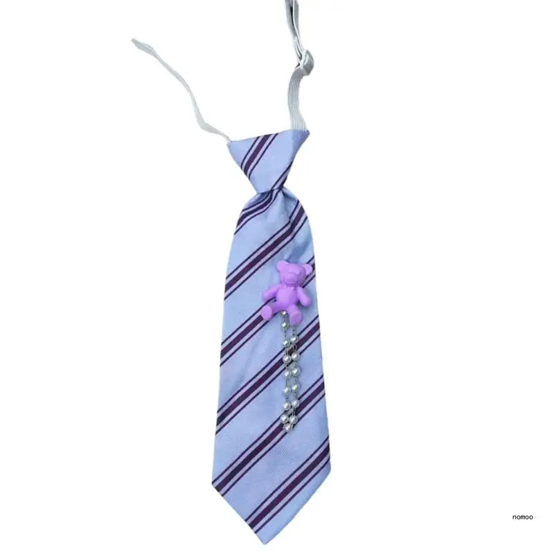 Kids Bear Striped Necktie with Pearls Chain Detail for Formal Event School