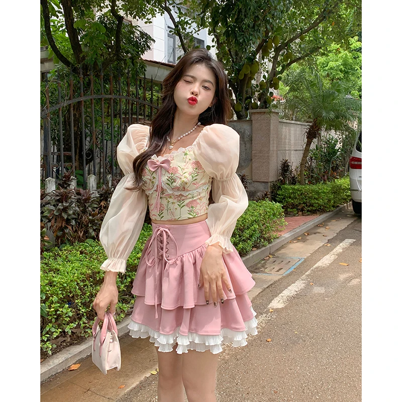 Autumn Pink Kawaii Mini Skrts Women Lace Patchwork Korean Fashion Party Skirt Female Casual Chic Designer Bandage Skirts 2022