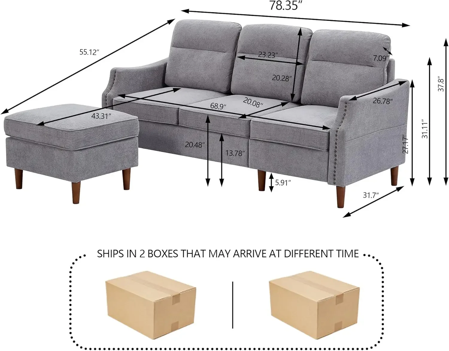 Convertible Sectional Sofa, Modern Microfiber L-Shaped Couch With Ottoman And Storage Pocket, 3 Seat Couches Sofa For Living