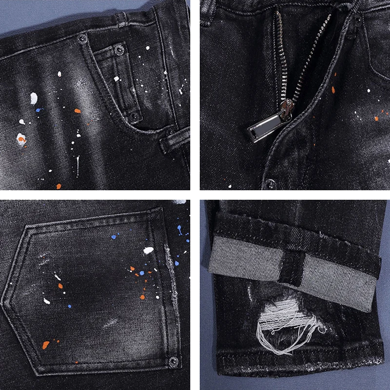 new y2kmen's jeans with pleats, painted scratches, washed water, nostalgic stretch, slim fit, designer high street hip-