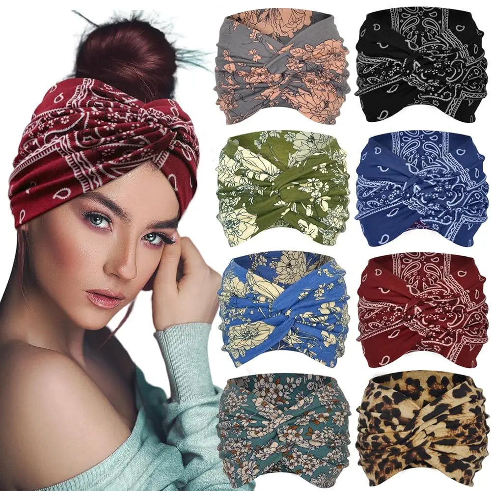 

Boho Extra Wide Headbands For Women 7'' Large Headband Twist Head Bands Women's Hair Band Stretchy Turban Styling Accessorie
