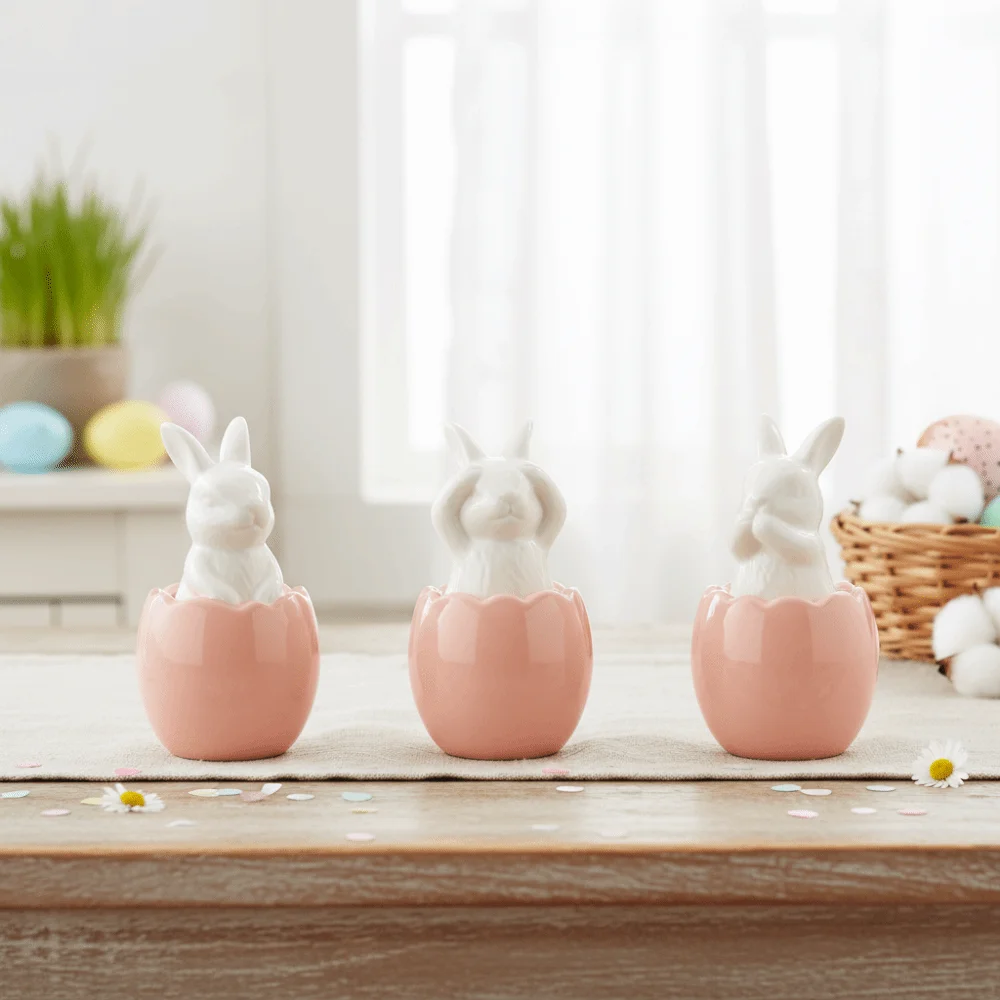 1/3Pcs Cartoon Easter Egg Shell Rabbit Hand Painting Solid Ceramic Ceramic Bunny Figurines Smooth Finish Miniature