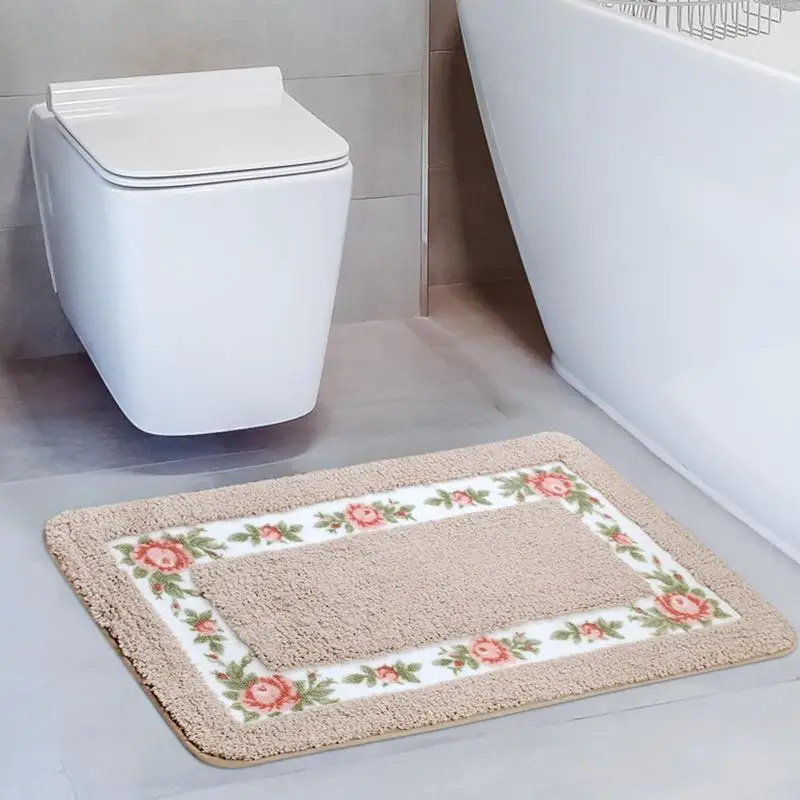 Floral Bathroom Rug Durable Fiber Rose Flower Area Rugs Toilet Floor Rugs Anti Slip Pretty Floral Rural Style Toilet Cover Mat