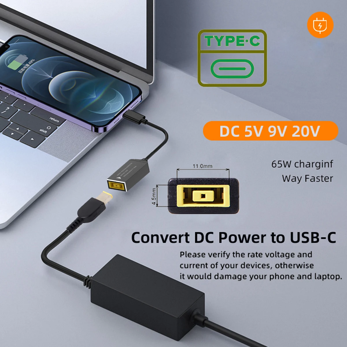 Square Jack to USB Type-C Converter PD65W Charging Cable Compatible with Lenovo Power Adapter for Laptops Mobile Phones Tablets