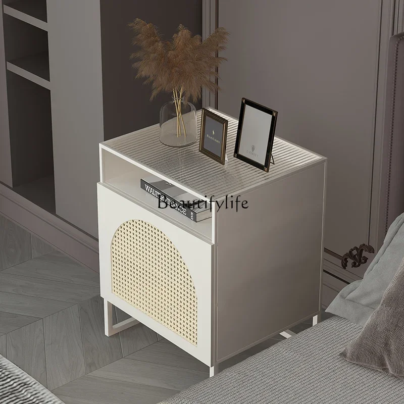 Nordic Bedside Table Simple Modern Light Luxury Wrought Iron Minimalist White Rattan-like Glass Bedside Cabinet