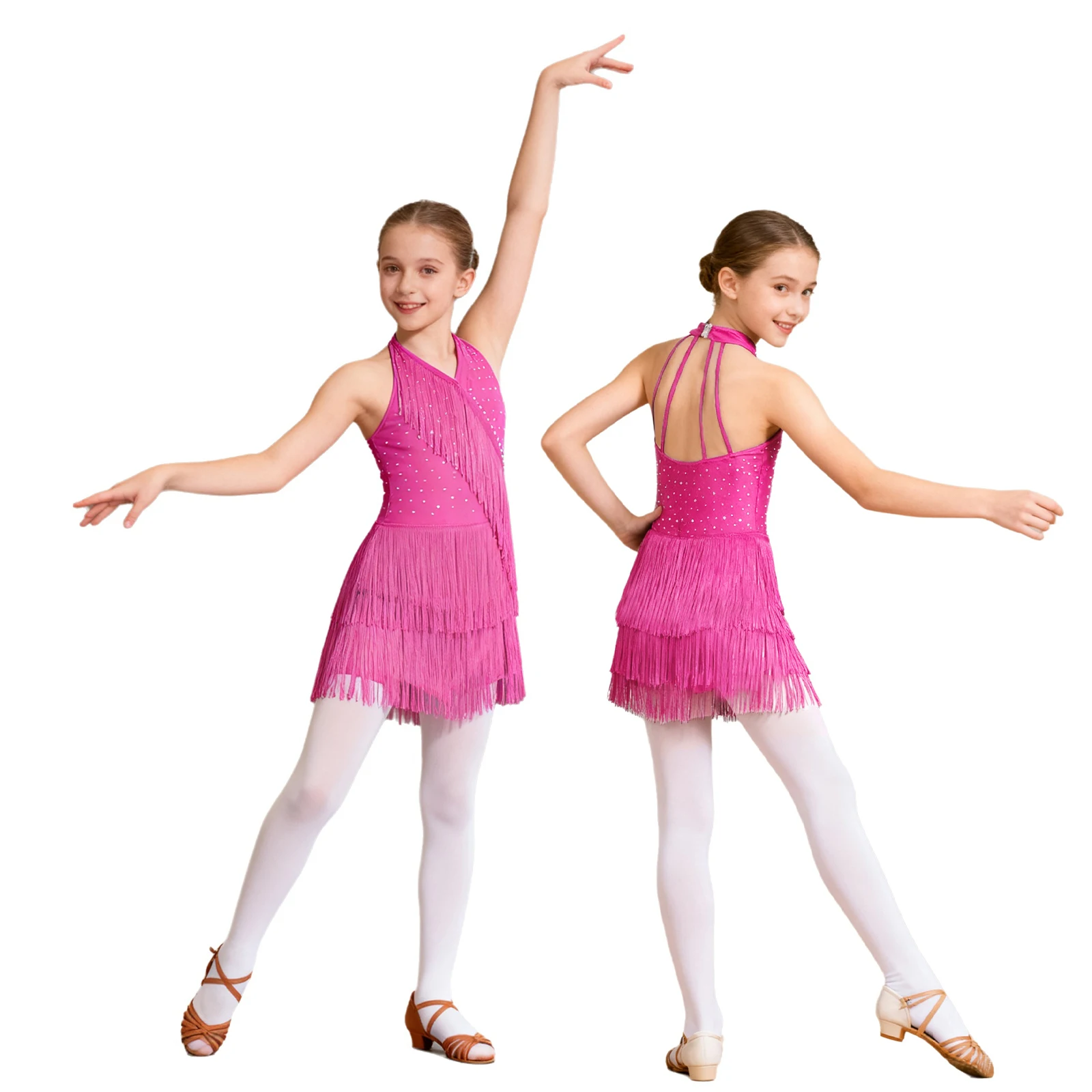 Kid Girls Latin Dance Tango Cha-cha Costume Glittery Rhinestones Halter Sleeveless Fringe Dress Leotard for Ballroom Samba Salsa