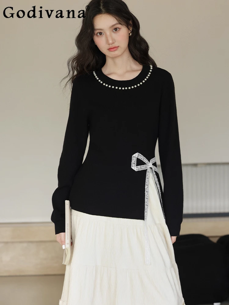 

Новый большой размер, расшитый бисером круглый вырез, черный универсальный вязаный топ, женский кружевной топ с длинным рукавом, милый бант, корейский модный свитер принцессы