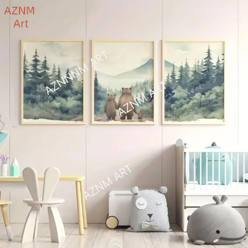 1/3 Stück Bärenfamilie Kunst-Leinwand-Wandkollektion, moderne klassische Waldtier-Poster, Tintenkunstdruck, Kinderzimmer, Jungenzimmer-Dekoration