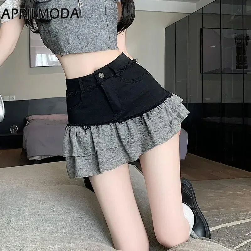 Rok pendek perca pinggang tinggi wanita celana pendek imut Korea Distressed 2024 hitam Ruffle Vintage Denim rok lipit Mini musim panas