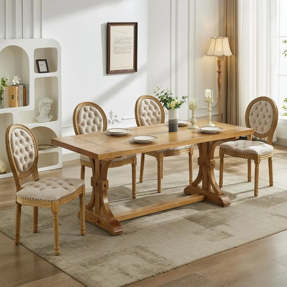 Beige Kitchen & Dining Room Chairs, Velvet Kitchen Chairs, Tufted Upholstered, Wood Legs,French Country Dining Chairs Set of 4