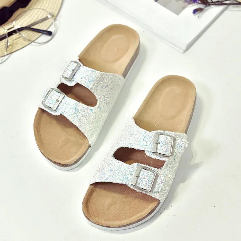 2024 New Summer Trend Sequins Parent-child Children\'s Slippers Women\'s Double Buckle Flip Flops Cork Slippers Women\'s Sandals