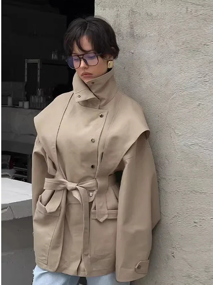 

High Neck Long Sleeve Single-breasted Coats Women Casual Waist Cinching Windbreaker Solid Buttons Lady Commuter Outwear