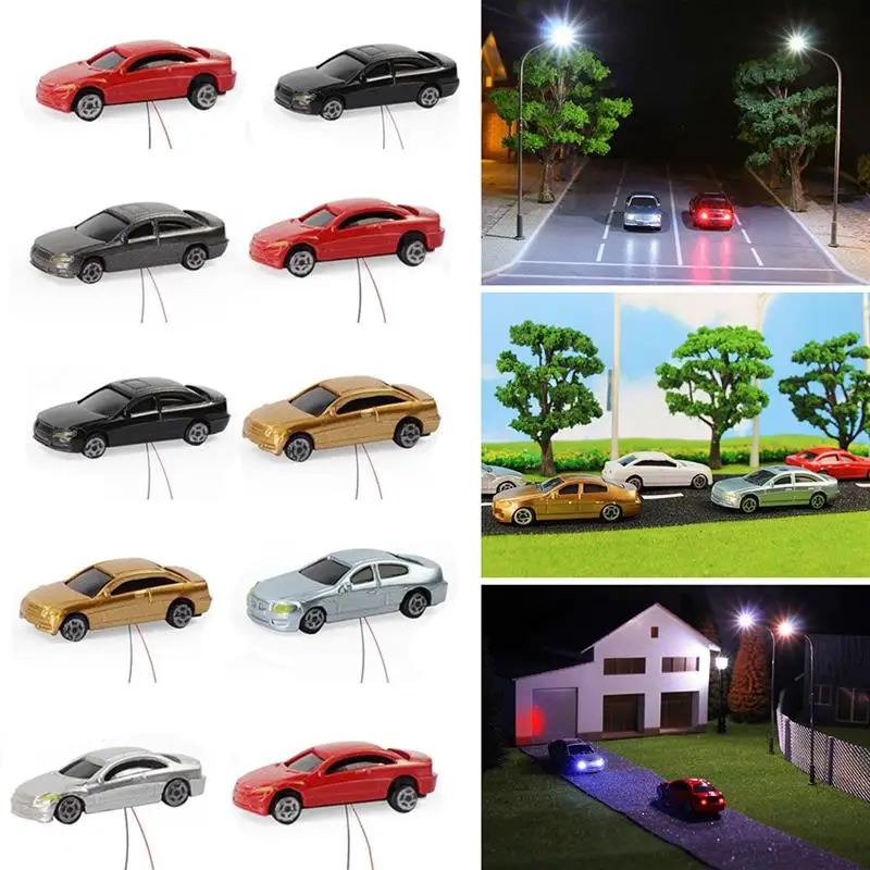 10pcs/Bag Scale Model Car With Head Lights And Tail Lights For Building Layout Model Train Scenery Lighted Cars Model Building