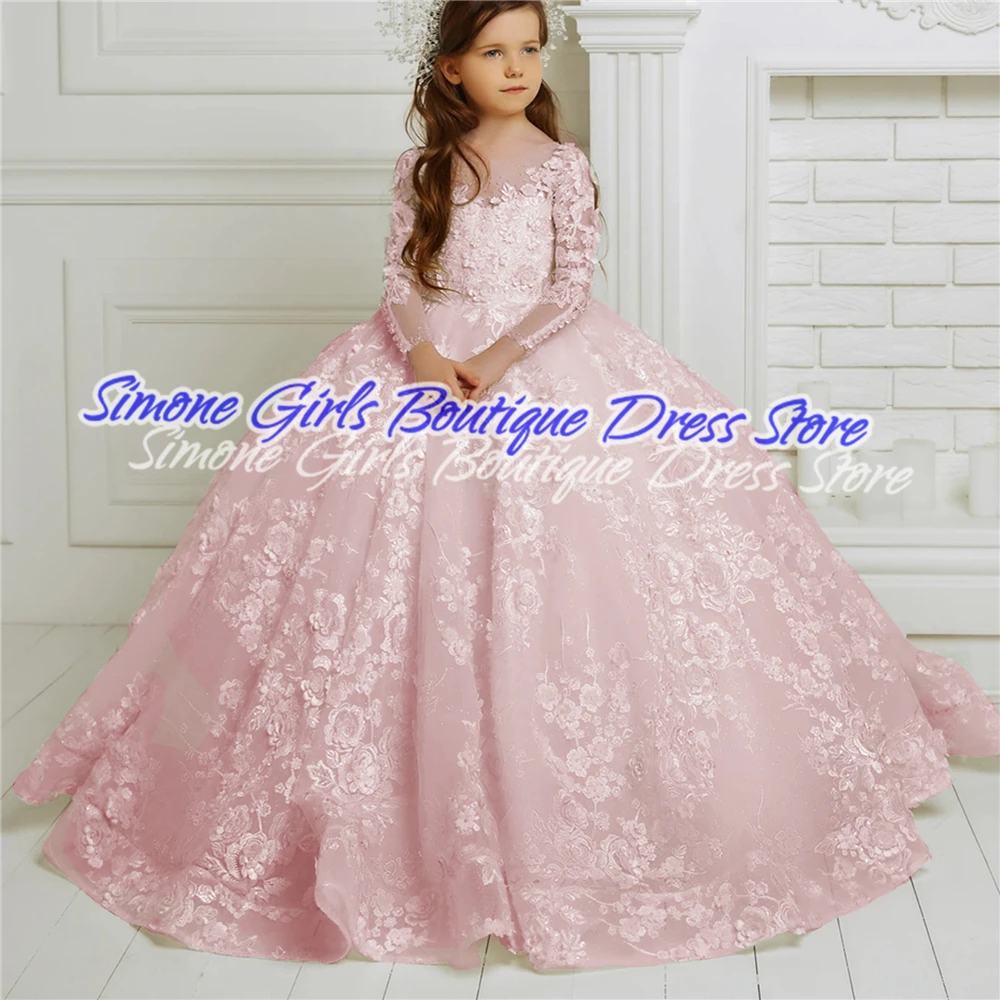 Flower Girl Dress Bows Children Long Sleeve For Weddings Party Princess First Holy Communion Dress Formal Tulle Ball Gown image 4