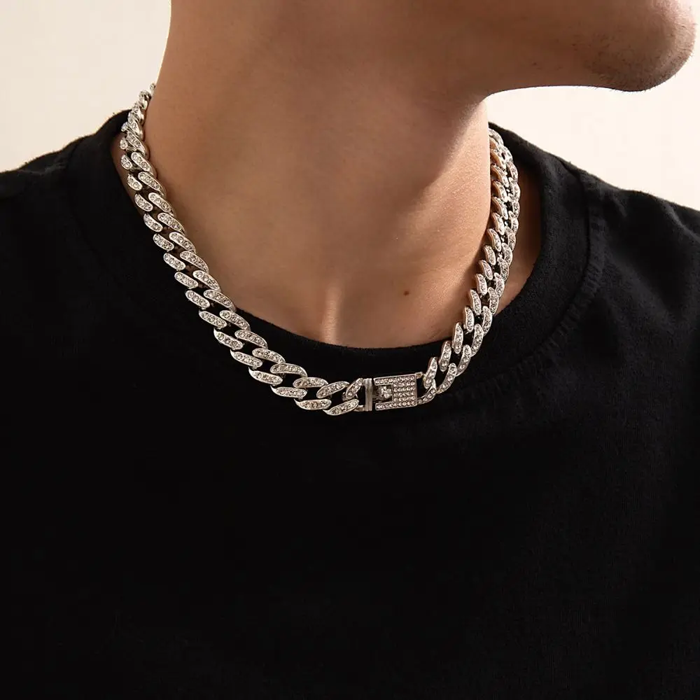 

Personality Men Necklace Collarbone Chain Silver Cuban Chain Necklace Jewelry Accessories Hip Hop Rhinestone Necklace Gift