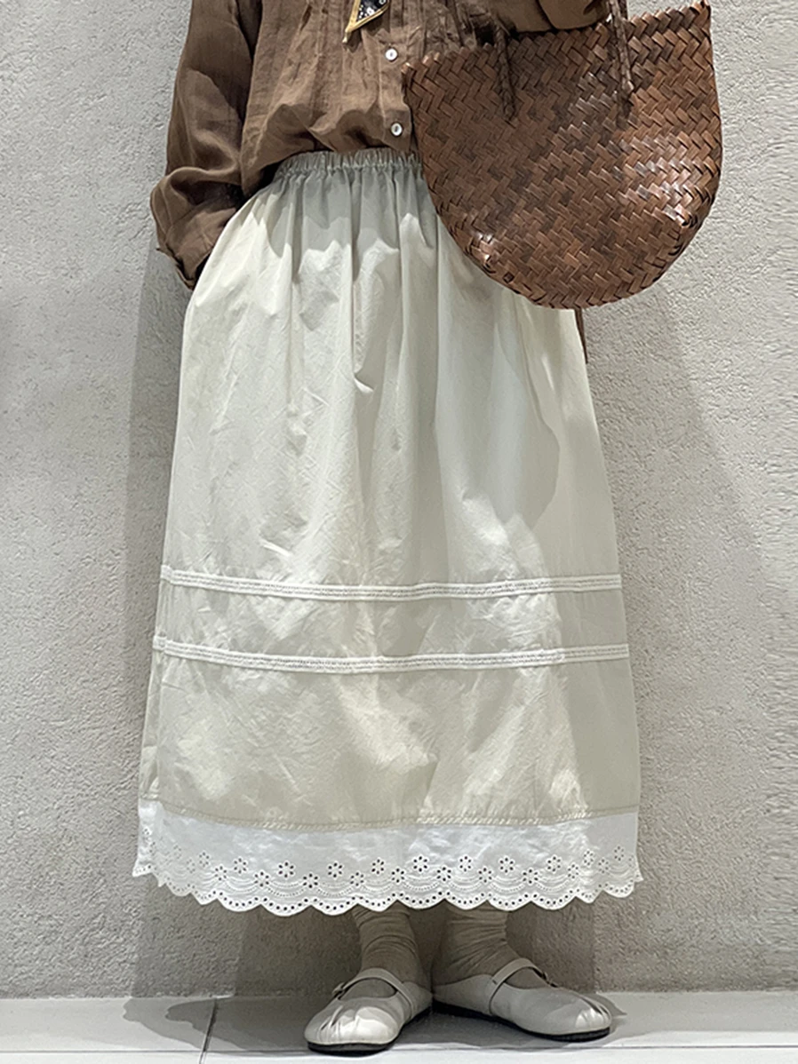 

Оригинальная хлопковая юбка А-силуэта для весны и лета с ажурным цветочным узором по подолу, свободная, повседневная, омолаживающая, универсальная, средней длины