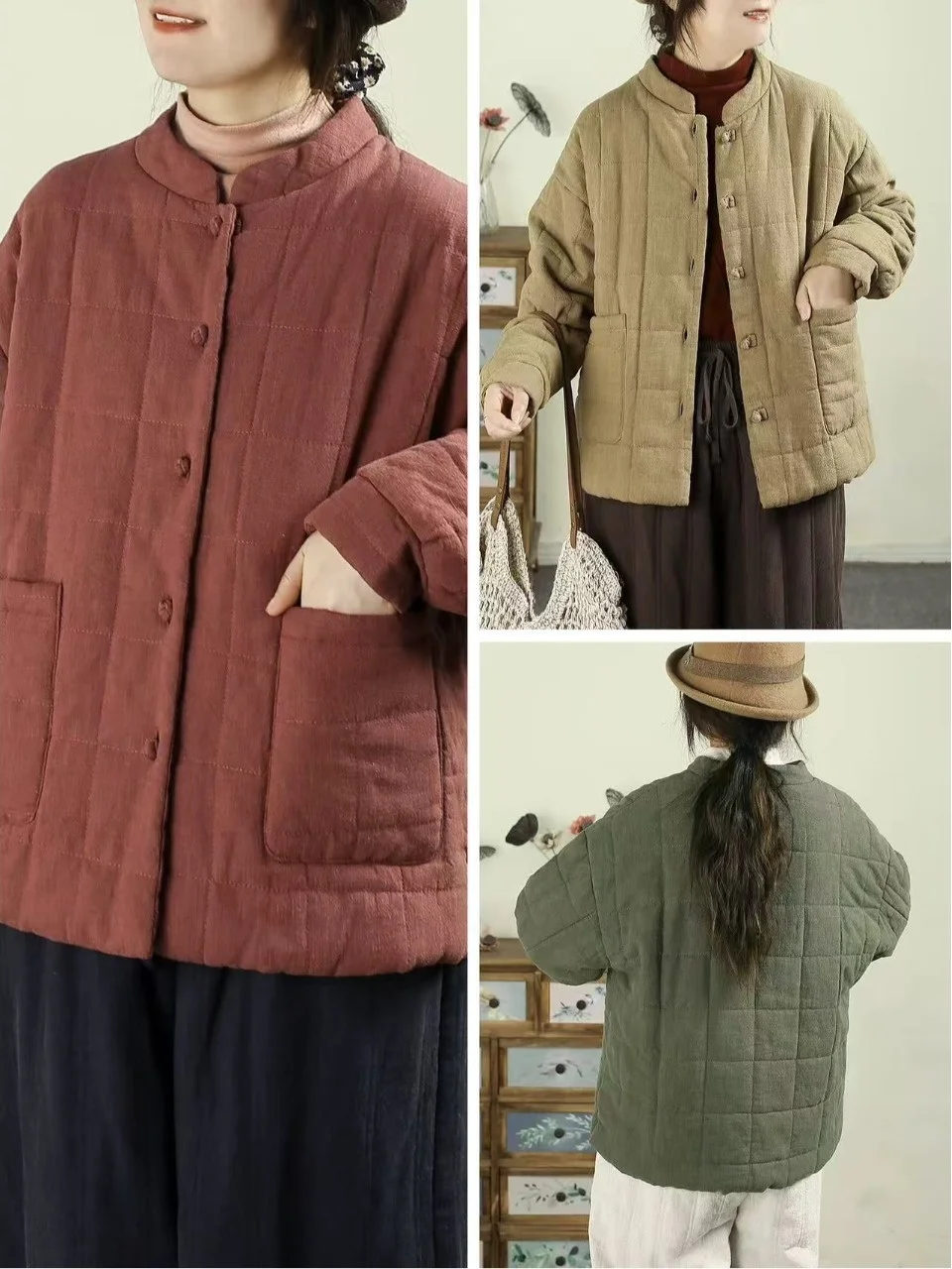 Warm Cotton Jaet Retro Sle Stand Collar Buttoned Coat Thiened Winter Outerwear for Women Brand Label Removed