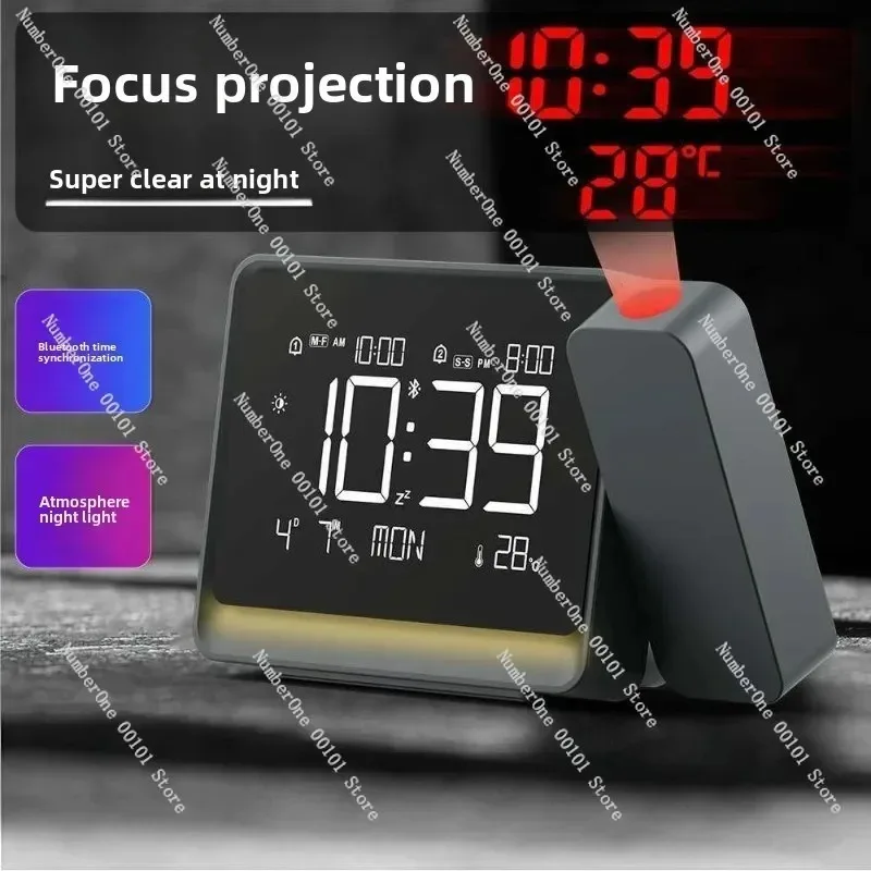 Bluetooth-Compatible Projection Alarm Clock with Focus Adjustment, Dimmable LED, Auto Calibration, Dual Alarm for Bedroom