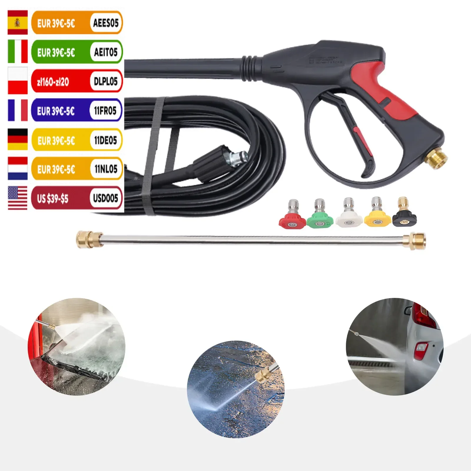 

High Pressure 3000PSI Car Power Washer Gun Spray Wand Lance Nozzle and Hose Kit