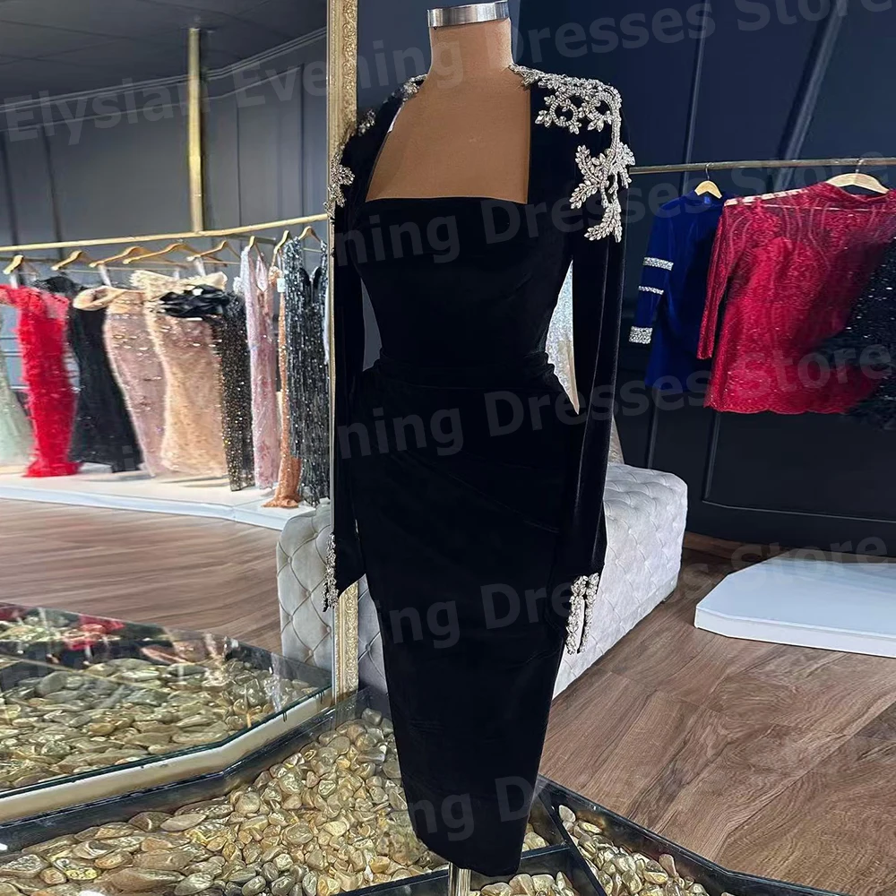 2025 Sexy Black Women\'s Mermaid Evening Dresses Square Collar Customized Long Sleeve Prom Gowns Party Beaded Vestidos Para Mujer