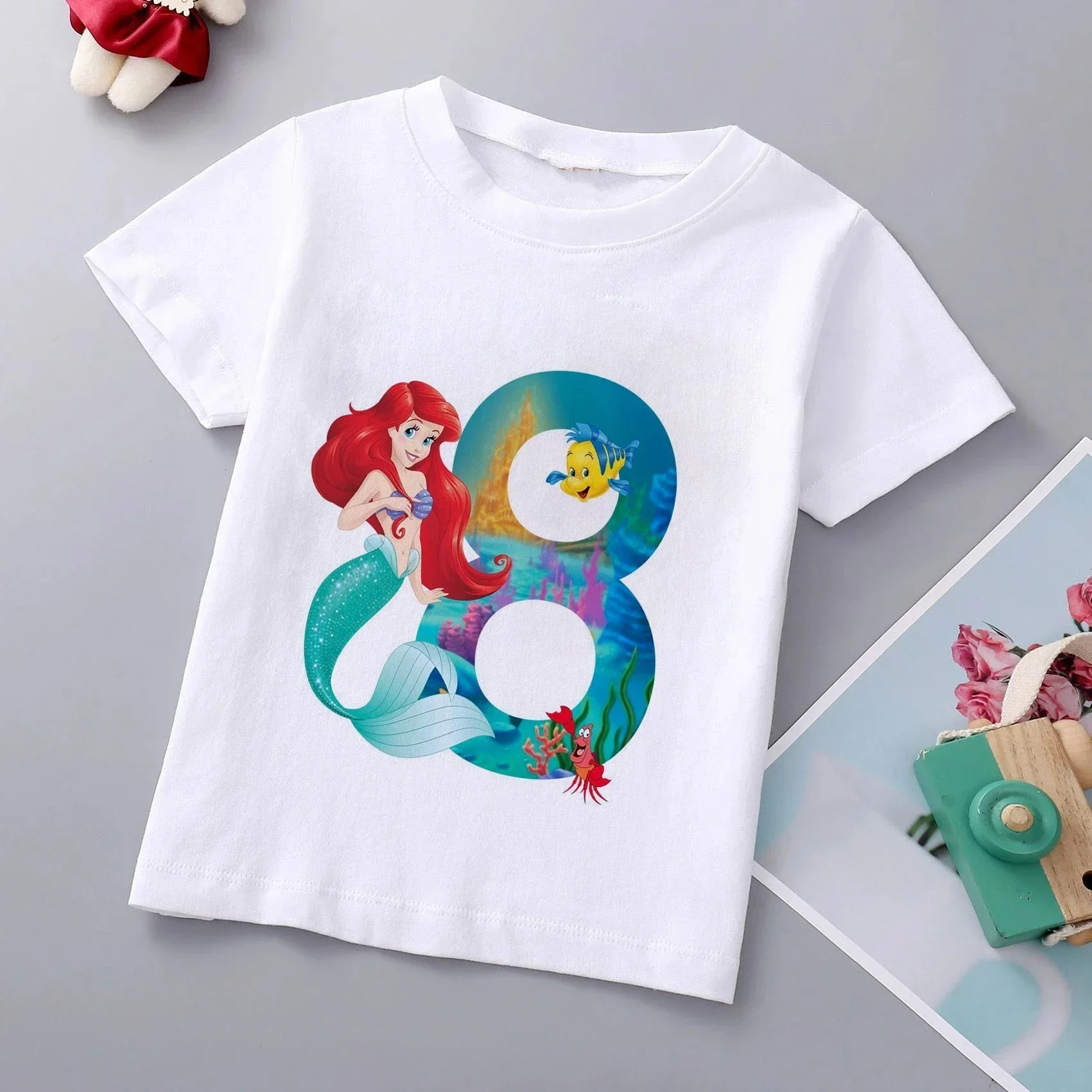 Mermaid Ariel Princess Print Children Clothes Brand Disney Girls Cotton T Shirt Cartoon Baby Tee Top 1-9 Year Kid Birthday Gift