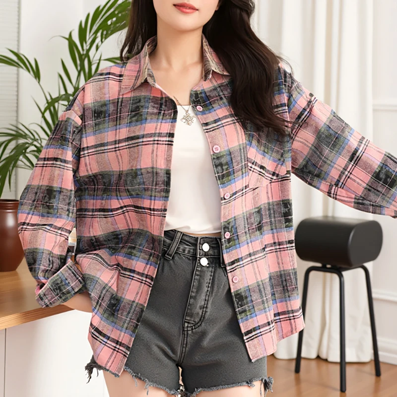 

American-style Printed Plaid Shirt For Women New Tie-dye Loose Fashion Design Vintage Trendy Shirt Suitable For Shopping
