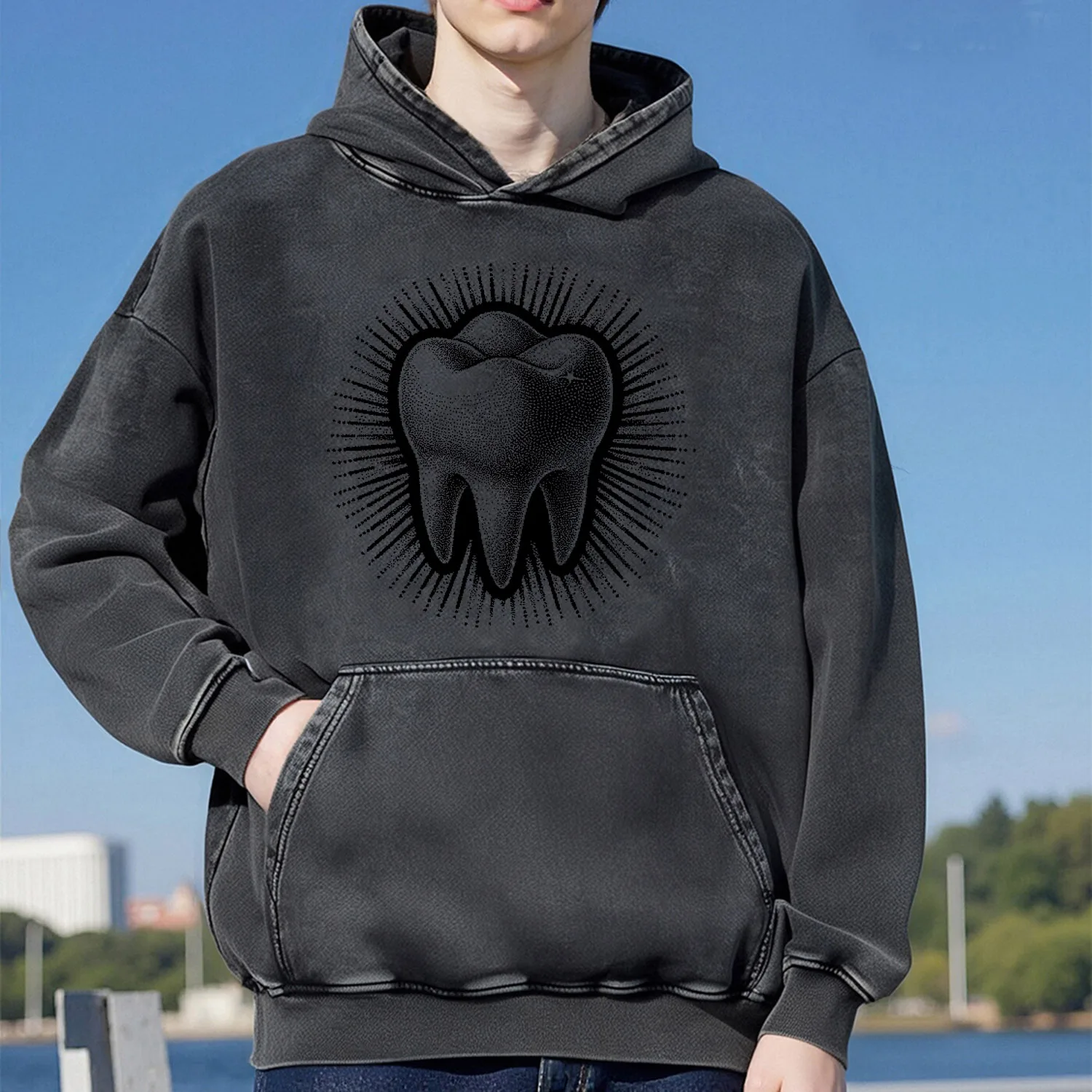 سويت شيرت بقلنسوة بنمط غسول على شكل أسنان للجنسين، نمط رياضي كاجوال مصنوع من القطن الخالص، طراز الشارع 400 جرام