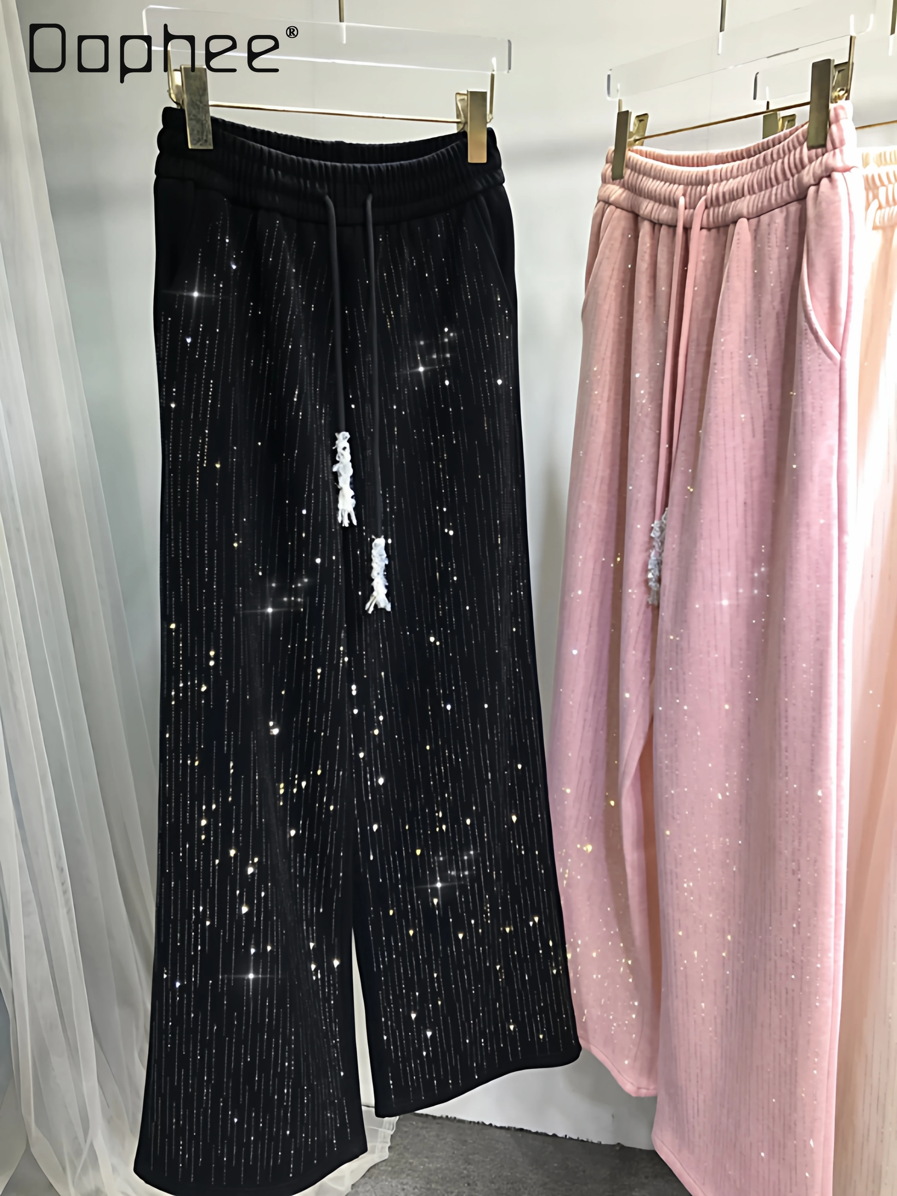 Fleece-Lined Thickened Straight-Leg Pants for Women Rhinestones Versatile Pants with Elastic Waist for Autumn and Winter