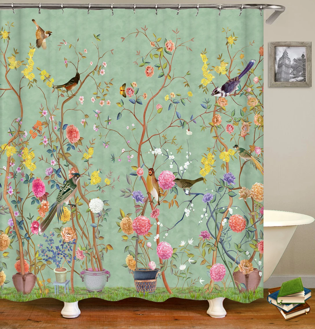 Chinese waterproof flower and bird tree printing pattern shower curtain bathroom decoration    with hook