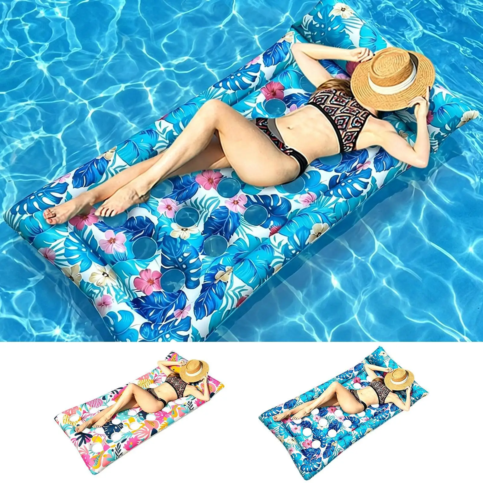 Pool Float Lounger Tropical Leaf Print Floating Bed With Headrest PVC Pool Floats Adult For Family Men Kids Tanning Water Sports