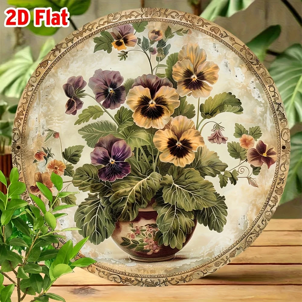 2D Flat 1pc, Round 20x20cm(8x8inch) Room Decor Vintage Pansy Floral Foil Engraving Aluminum Sign - Elegant Pewter Finish Metal W