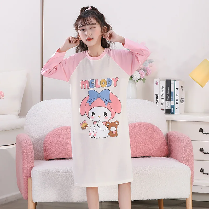 Cartoon Dress Hello Kitty My Melody Kuromi Cinnamoroll Spring Autumn Child Pajamas Cute Girl Long Sleeves Nightdress Homewear - view 5