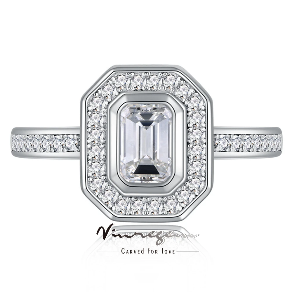 Vinregem Emerald Cut Lab creato anello classico con pietre preziose di zaffiro per le donne 925 Sterling Silver fidanzamento di nozze gioielleria