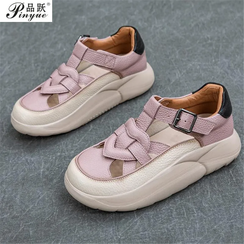 

size 40 Fashion Women Sneakers Summer Cross Genuine Leather Hollow Out Breathable sandal Shallow Flat Platform Casual Sneakers