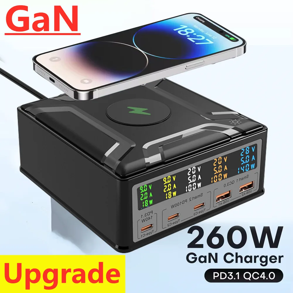 260W 5 Ports GaN USB C Charger Staion Wireless Charging PD 140W 100W QC3.0 Type C Fast Charger for iPhone Macbook Samsung Laptop