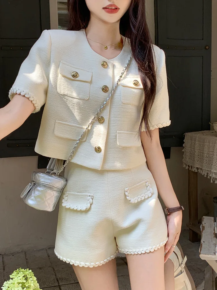 High Street French Elegant Fashion Small Fragrance Two Piece Set Women Short Jacket Coat + Short Sets Summer 2-częściowe zestawy spodni