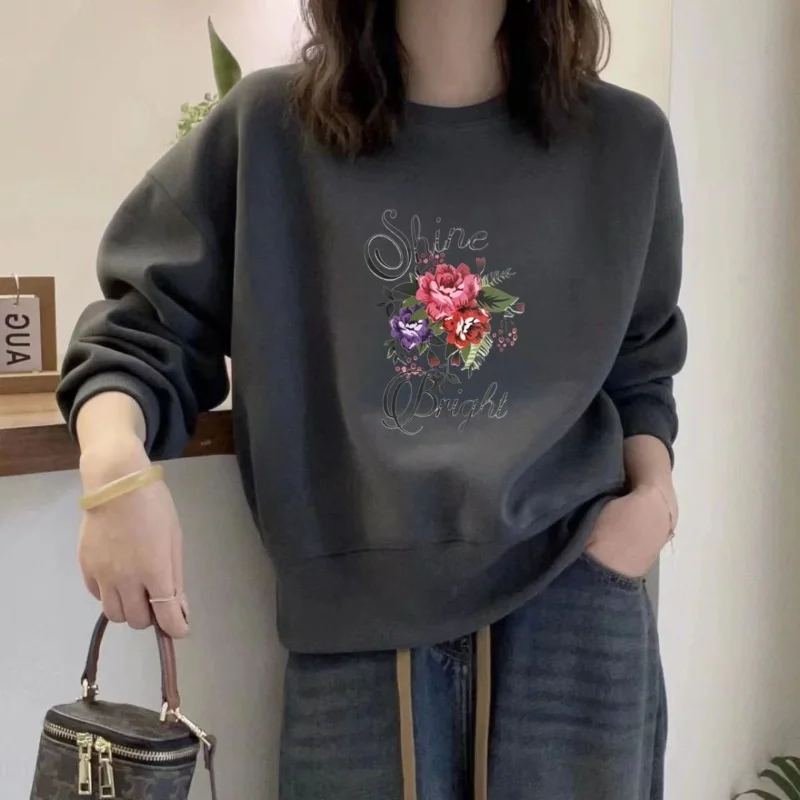 Rundhals-Sweatshirt, vielseitig, modisch, neu, koreanisch, bedruckt, plus Samt, warm, Herbst und Winter, lockeres Langarm-Top