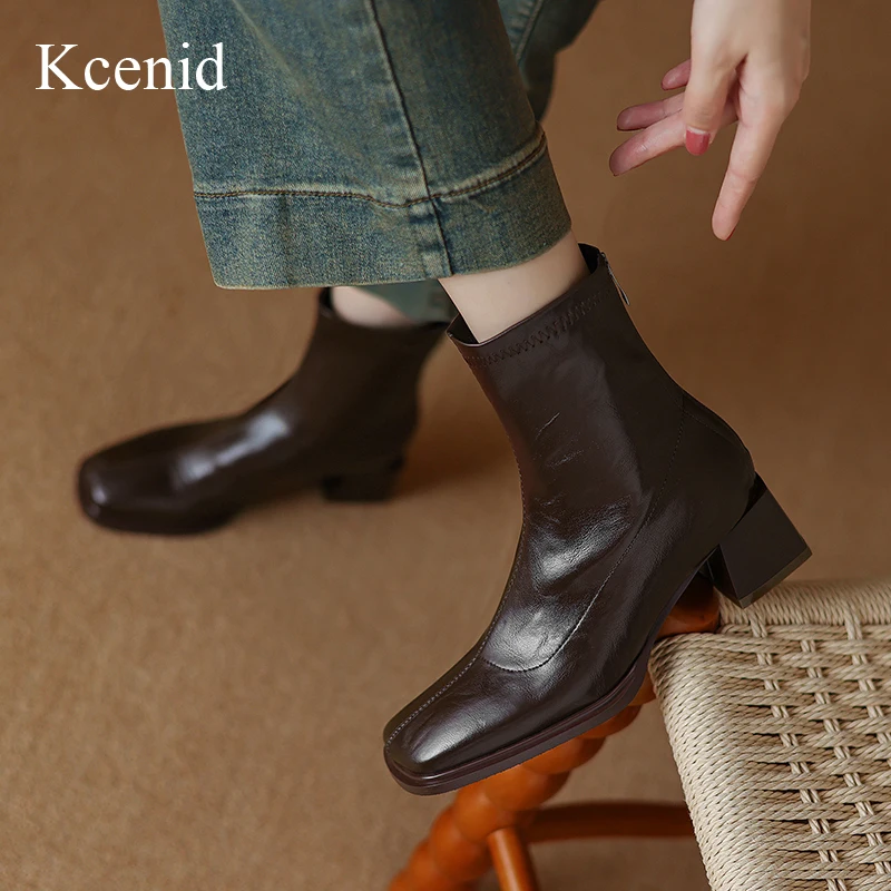

Kcenid Vintage Autumn Winter Street Style Square Toe Ankle Boots For Women Chunky Heel Elegant Ladies Dress Short Boots Size 43