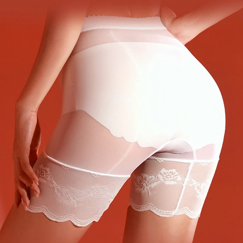 プラスサイズの女性ボクサー下着シームレスオイル光沢のあるパンティー超薄型シームレスパンツハイウエストレースシースルー半ズボン