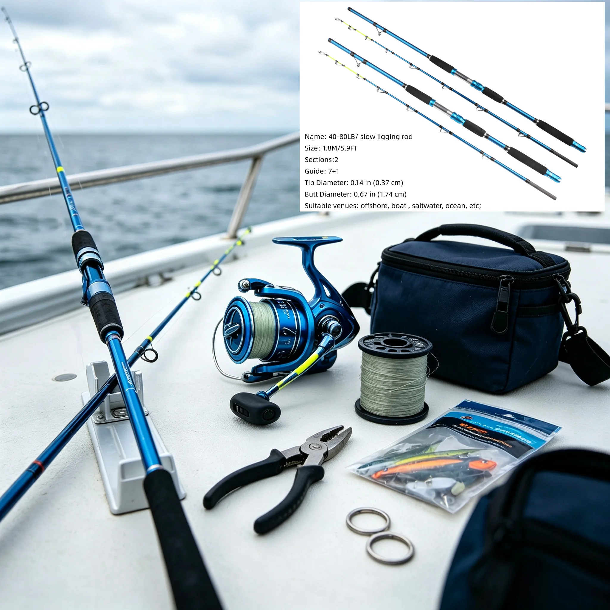 2 Sections Trolling Rod Saltwater Offshore Rod Conventional Boat Fishing Pole Slow Jigging Rod 40-80LB