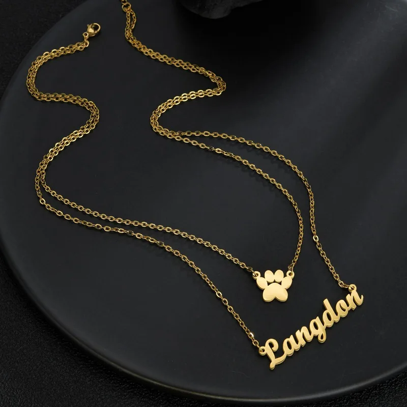 Collar personalizado con nombre DIY europeo americano, colgante con estampado de pata y letra hueca, collar de acero inoxidable, joyería para mujer, triangulación de envíos