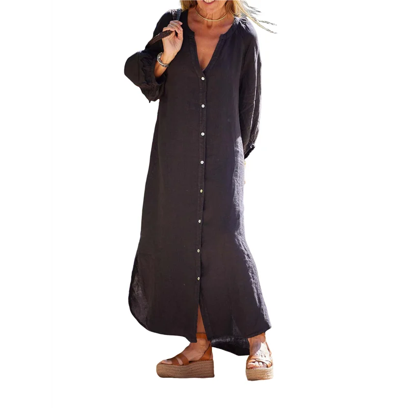 ชุดเดรสเชิ้ตผ้าลินินแขนยาวคอปกทรงหลวมสไตล์ลำลองสำหรับผู้หญิง CGS-Women Summer