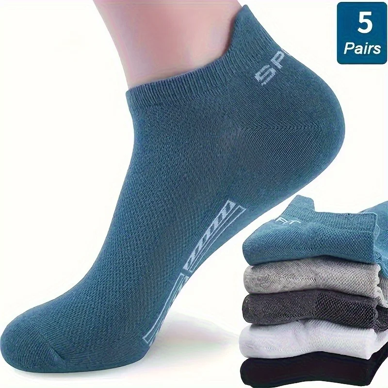 

5 pairs of unisex sports socks - breathable mesh&100% cotton letter pattern low top socks