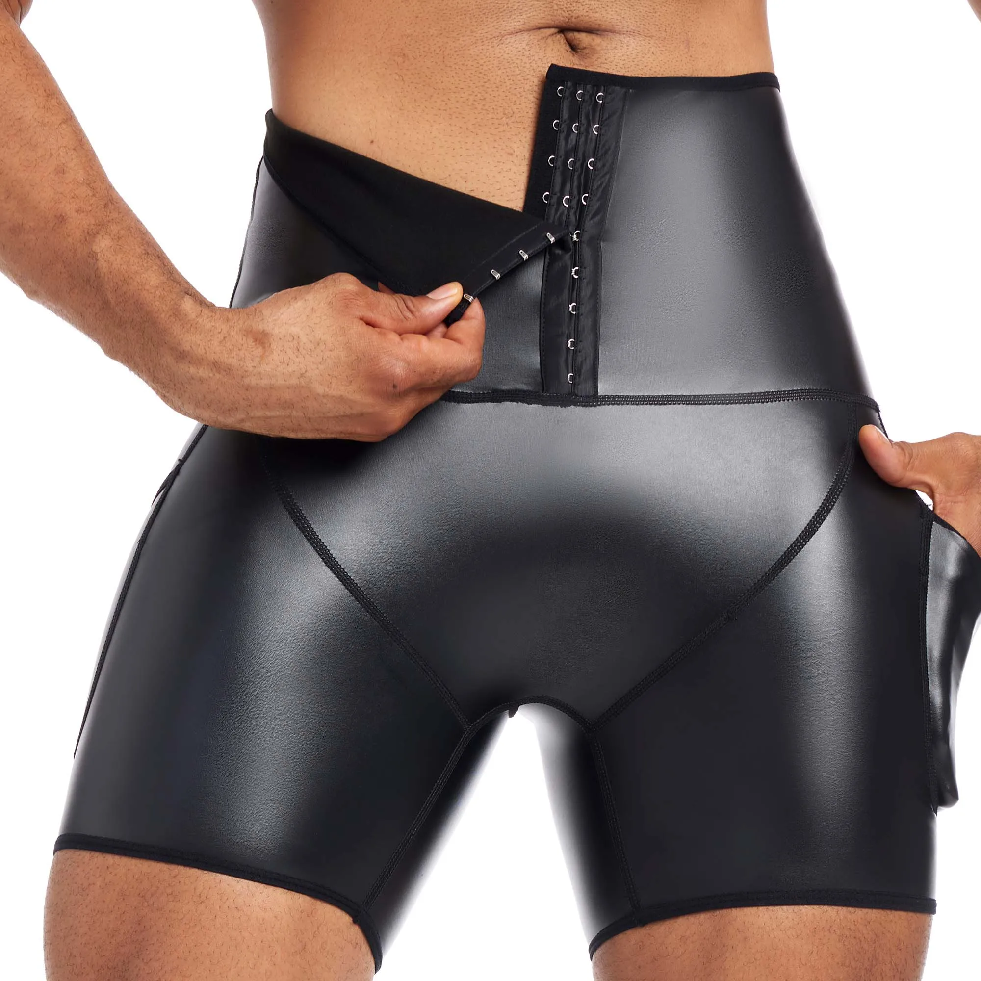 

Мужские обтягивающие шорты из блестящей искусственной кожи, эластичные, с низкой/высокой талией, боксерские шорты черного цвета с карманами, повседневные брюки, шорты с застежкой спереди