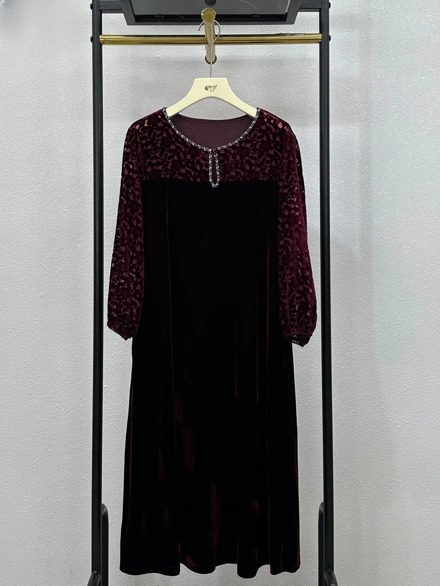 

Silk Velvet Burned Flower Dr Women's Faion Slimming Middle-Aged Mom Heavy-Embroidered Diamond Ele Luxury S...